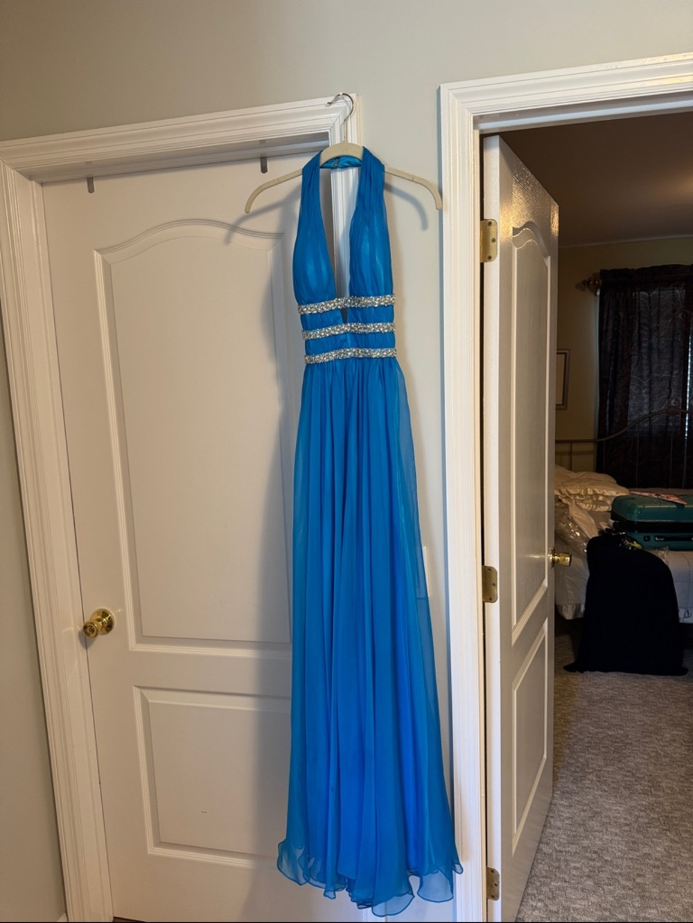 La Femme Blue Halter Gown with Beaded Waist
